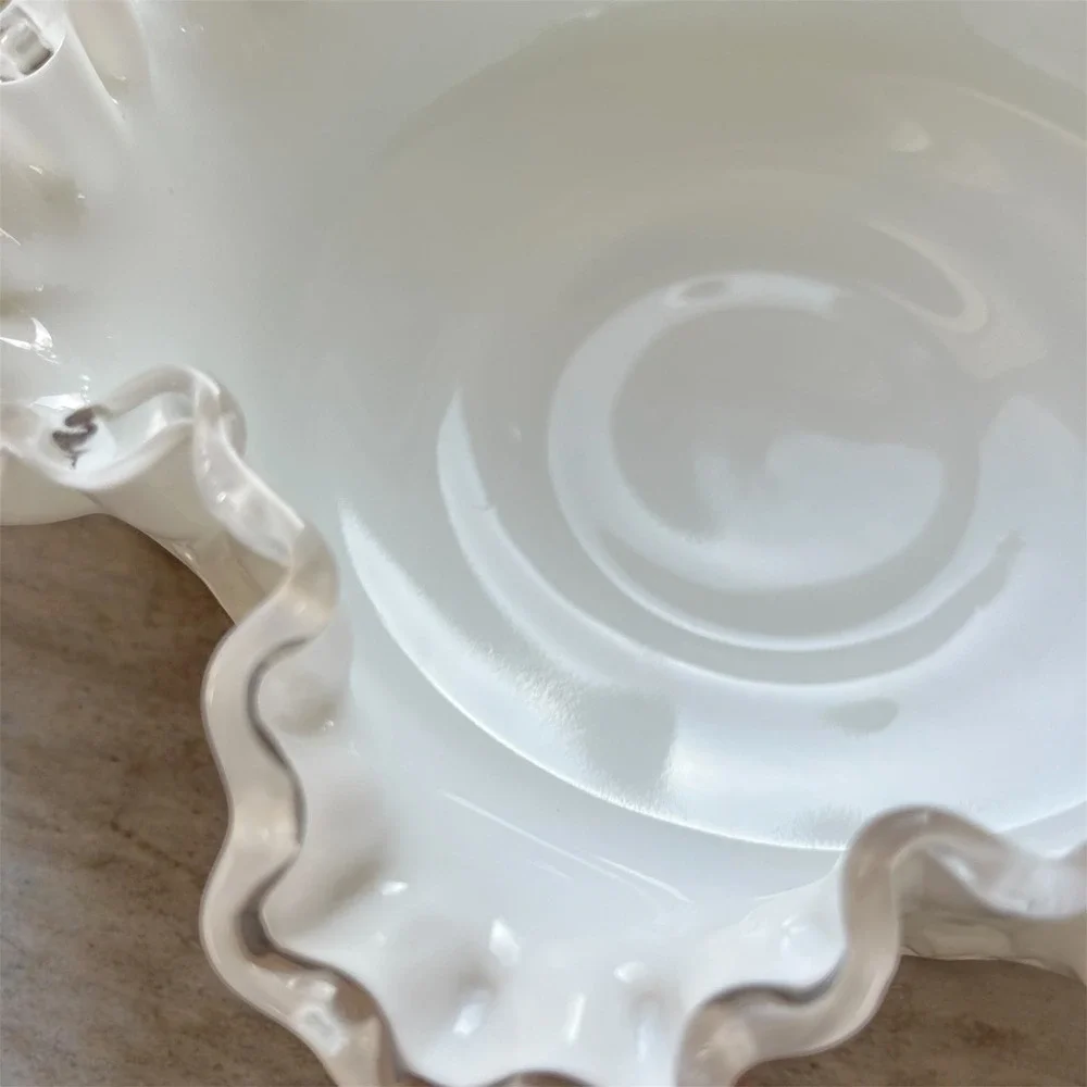 Fenton Milk Glass‎ Spanish Lace Silver Crest Ruffled Bowl Vintage Centerpiece